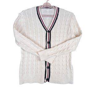 Mens Medium Cable Knit Cardigan Sweater Ivory Button Up Striped Trim Golf Preppy